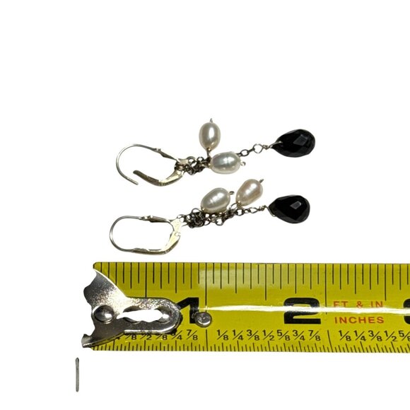 Sterling Silver Dangle Earrings Black Onyx Teardrop Freshwater Pearl Drop - Picture 6 of 6